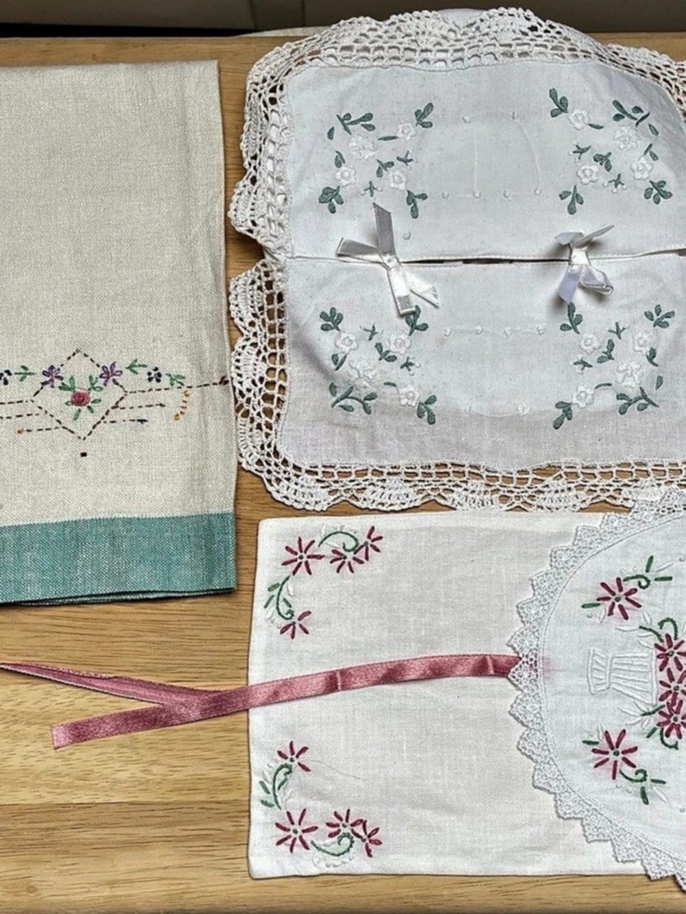 Vintage Embroidered Tissue Box Cover, Tea Towel and Decorative Ribbon Bag